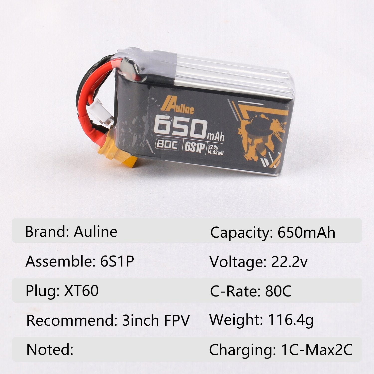 AuLine 650mAh 6S 22.2V 80C XT60 Lipo Battery