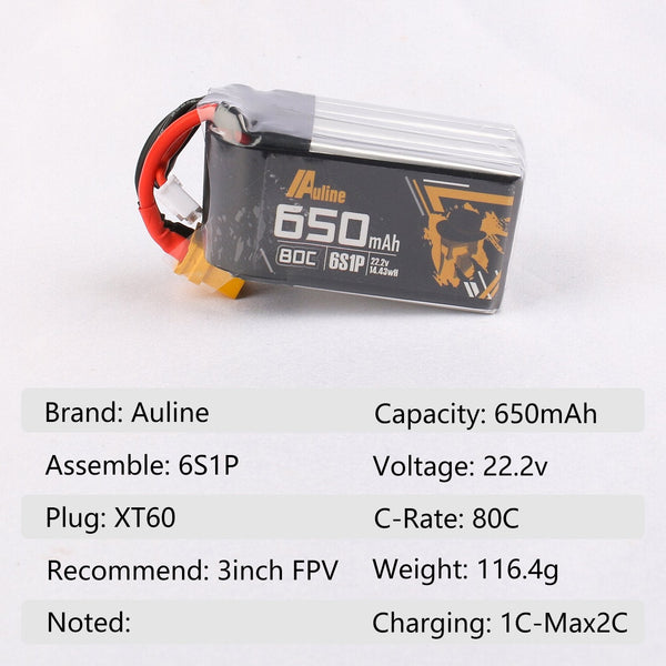 AuLine 650mAh 6S 22.2V 80C XT30 Lipo Battery