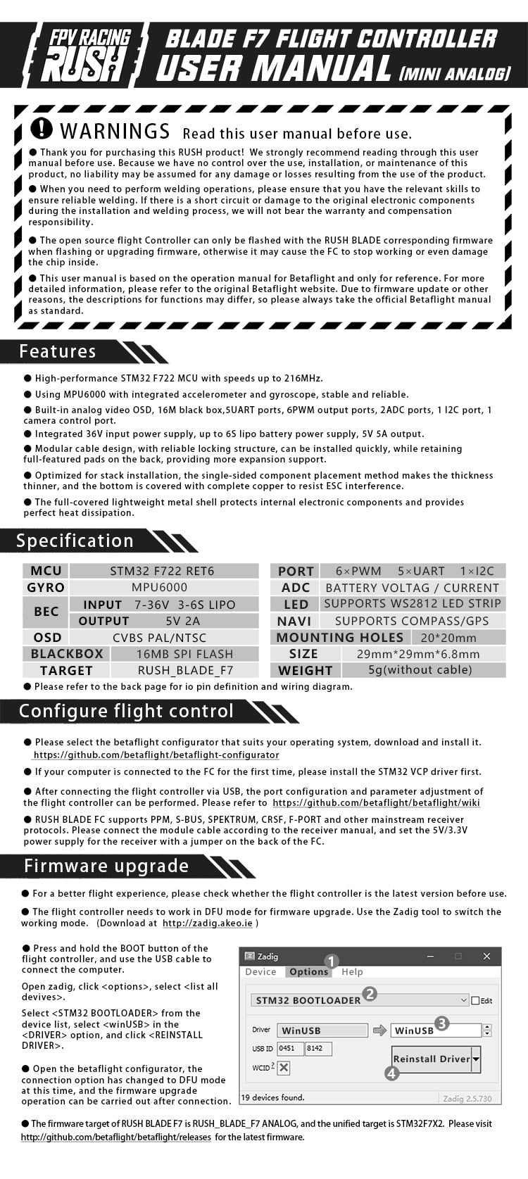 RUSHFPV Rush Blade Mini Analog F722 Flight Controller
