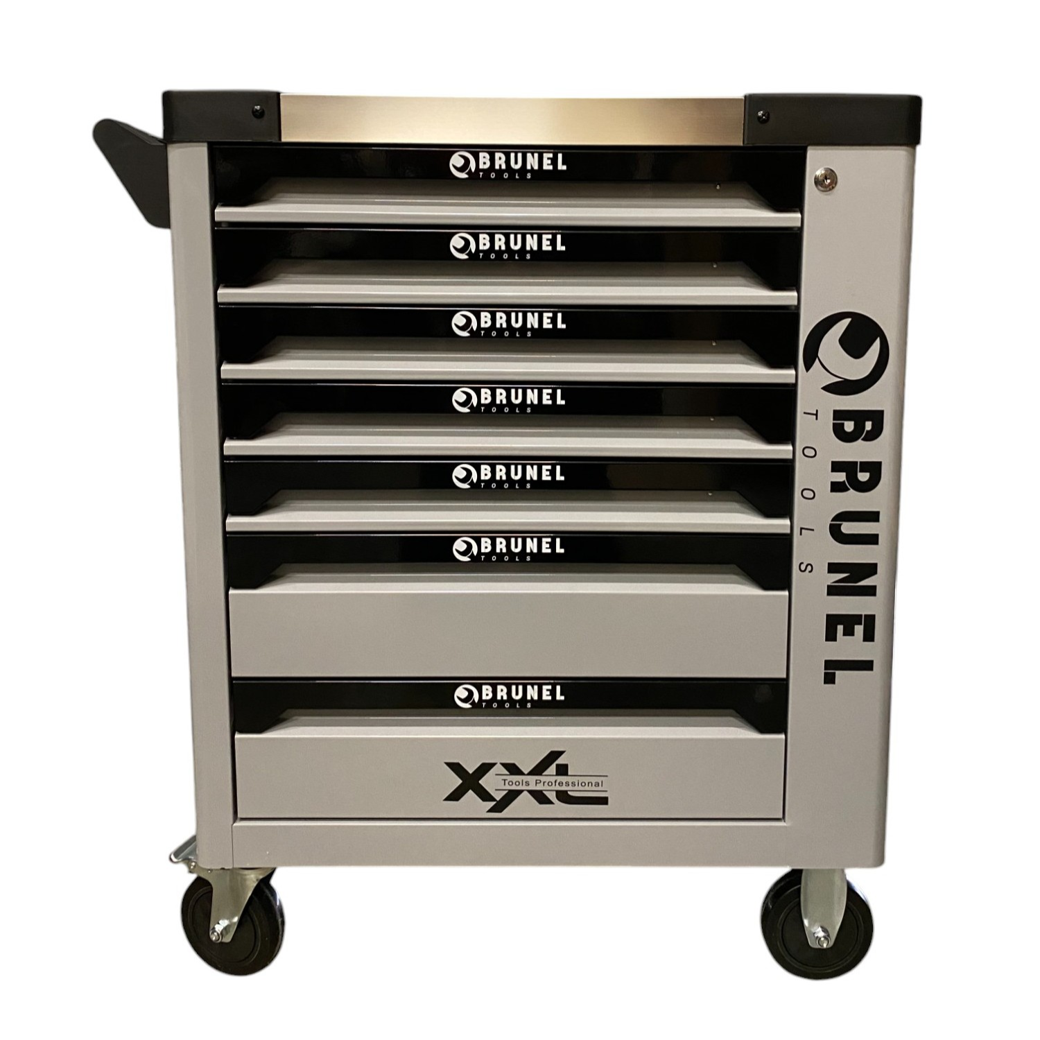 BRUNEL Tools 7 Drawer Caster Mounted Roller Tool Chest Cabinet with 6 Fully Stocked Drawers - 249 Pieces - Grey