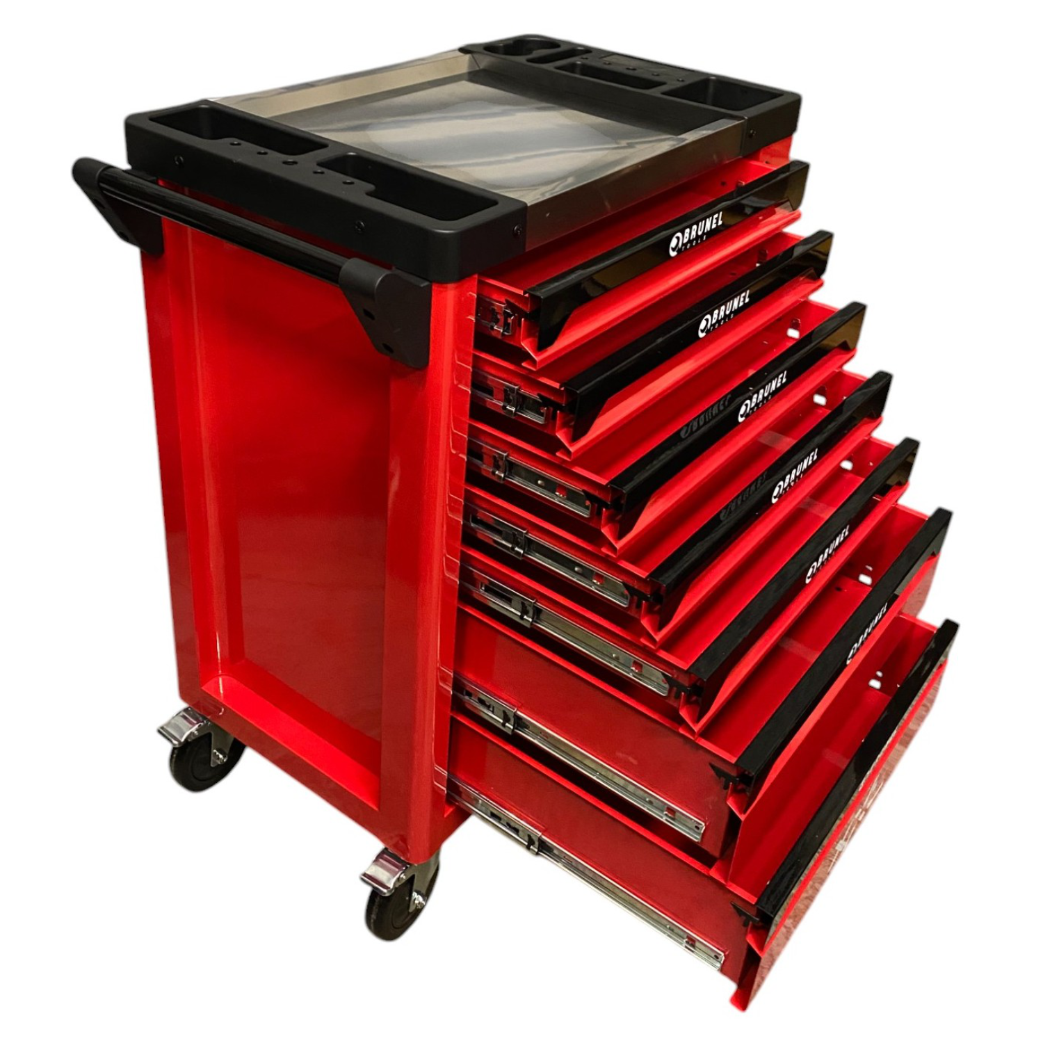 BRUNEL Tool 7 Drawer Caster Mounted Roller Tool Chest Cabinet with 6 Fully Stocked Drawers - 249 Pieces - Red