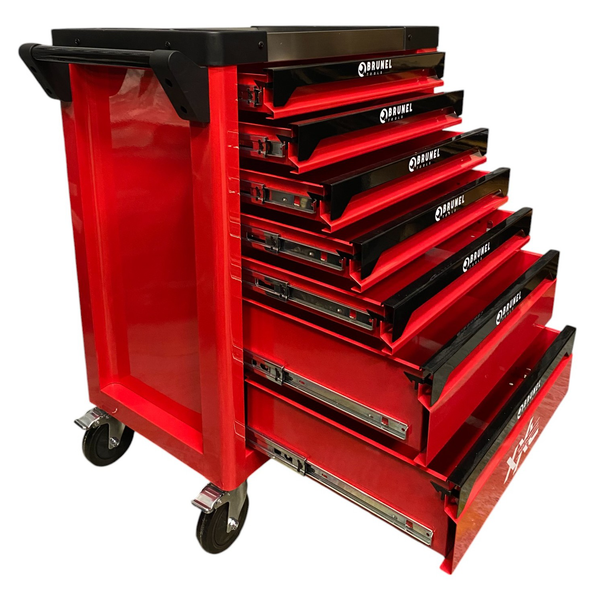 BRUNEL Tool 7 Drawer Caster Mounted Roller Tool Chest Cabinet with 6 Fully Stocked Drawers - 249 Pieces - Red