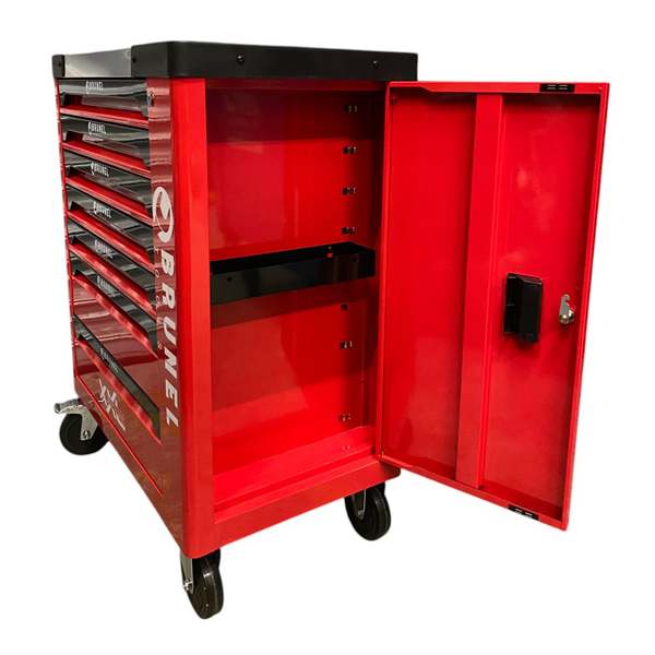 BRUNEL Tool 7 Drawer Caster Mounted Roller Tool Chest Cabinet with 6 Fully Stocked Drawers - 249 Pieces - Red
