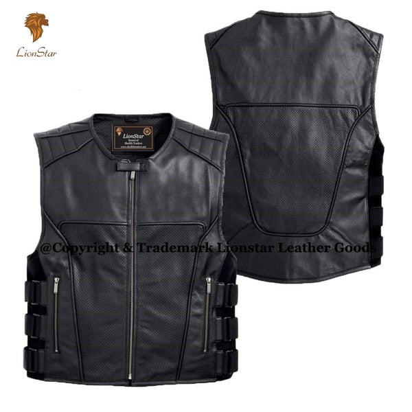 Men's Black Perforated Tactical Leather Biker Vest