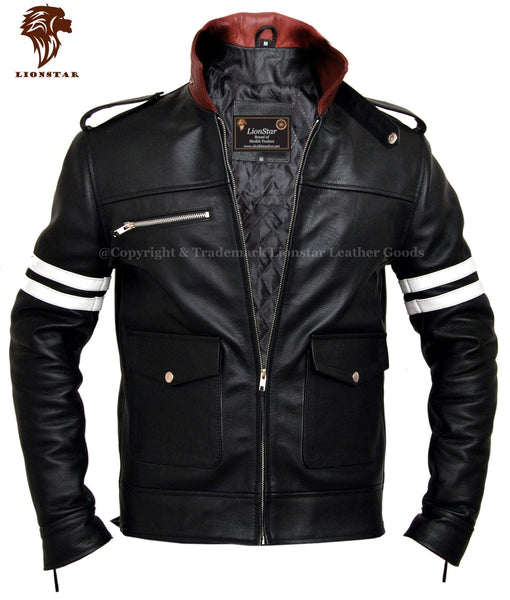 Men's Black Motorbike Jacket with White Stripes