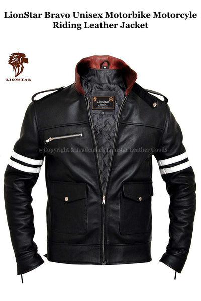 Men's Black Motorbike Jacket with White Stripes