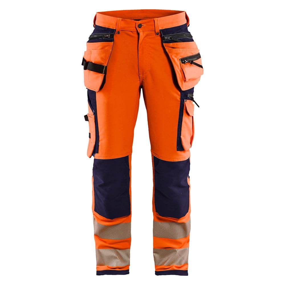 Blaklader 1997 Hi-Vis 4-Way Stretch Holster Pocket Kneepad Work Trousers Orange/Navy Blue, 34" Waist Long Leg