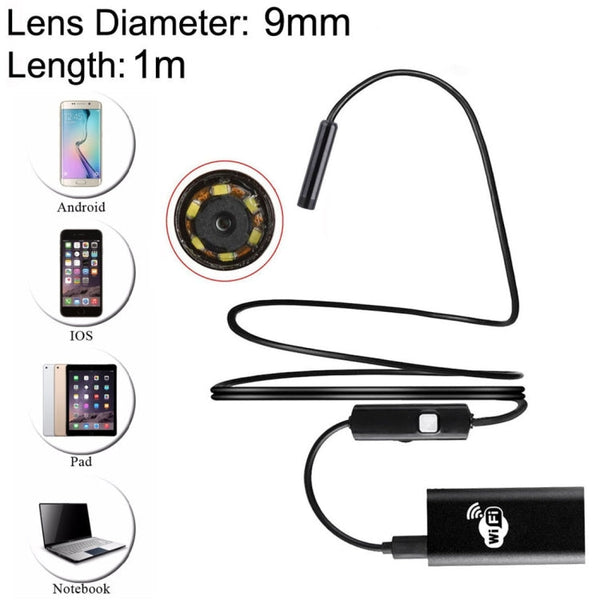 1.0MP HD Camera 30m Wireless Distance Metal WiFi Box Waterproof IPX67 Endoscope Snake Tube Inspection Camera with 6 LED for Android & iOS, Length: 1m, Lens Diameter: 9mm, Length: 1m