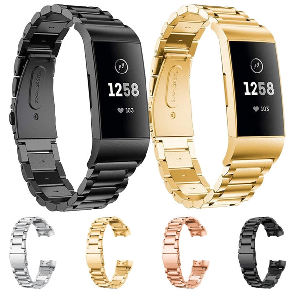 Three Beads Slingshot Buckle Solid Stainless Steel Watch Band for Fitbit Charge 3