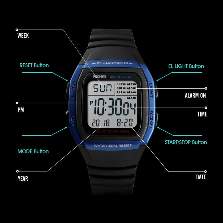 SKMEI 1278 Fashionable Outdoor 50m Waterproof Digital Watch Student Sports Wrist Watch Support 5 Group Alarm Clocks (Titanium)