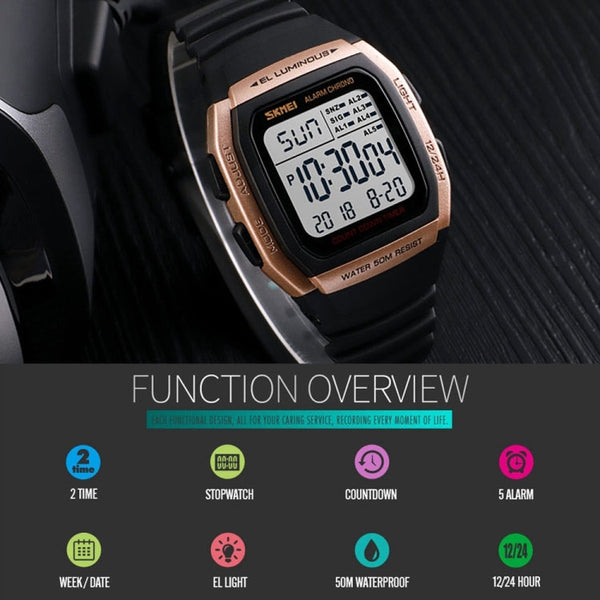 SKMEI 1278 Fashionable Outdoor 50m Waterproof Digital Watch Student Sports Wrist Watch Support 5 Group Alarm Clocks
