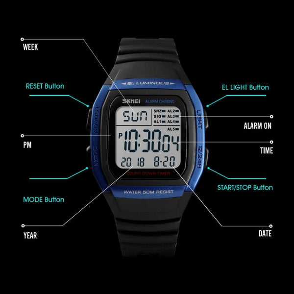 SKMEI 1278 Fashionable Outdoor 50m Waterproof Digital Watch Student Sports Wrist Watch Support 5 Group Alarm Clocks