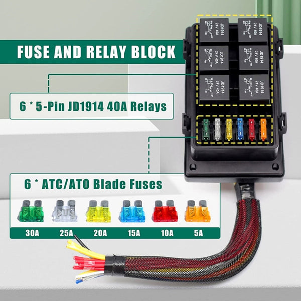 24V 5 Pin Car 6 Slots Waterproof Relay Fuse Box with Cable, 24V 5 Pin