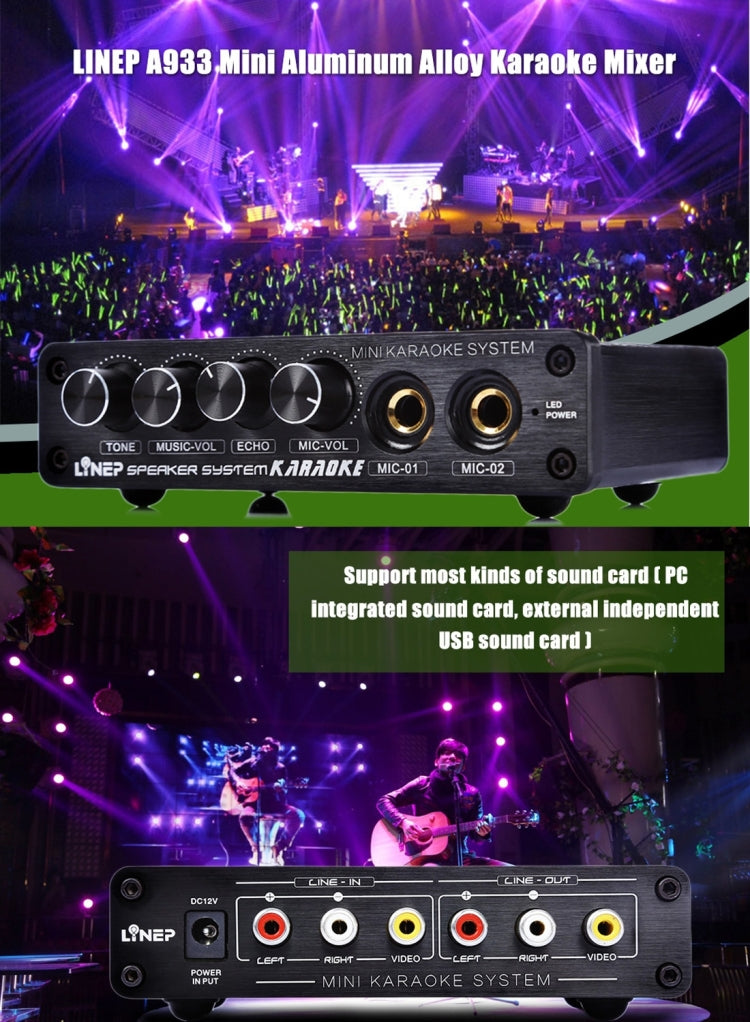 A933 Mini Karaoke Machine System Sound Mixer Amplifier for PC / TV / Mobile Phones, Support RCA in / 2 Channel Mic in, A933