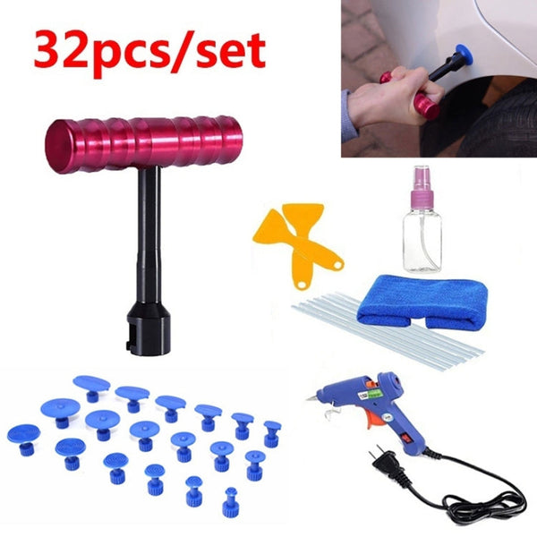 32 in 1 Auto Car Metal PDR Dent Lifter-Glue Puller Tab Hail Removal Paintless Car Dent Repair Tools Kit, with 20W Glue Gun, US Plug or EU Plug, 32 in 1 T-Bar
