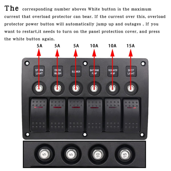 3Pin 6 Way Switches Combination Switch Panel with Light and Projector Lens for Car RV Marine Boat, 3Pin 6 Way