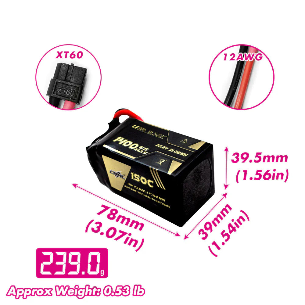 CNHL Ultra Black 1400mAh 22.2V 6S 150C Lipo Battery XT60