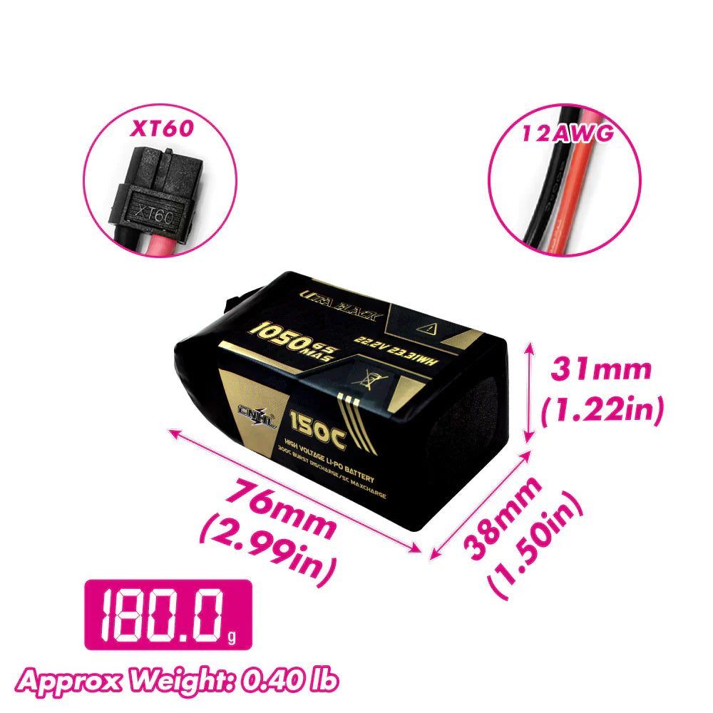 CNHL Ultra Black 1050mAh 22.2V 6S 150C Lipo Battery XT60