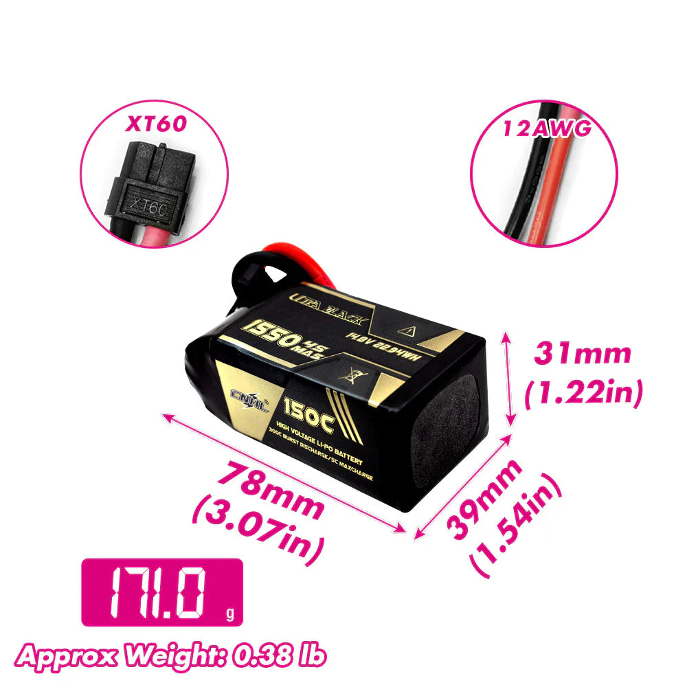 CNHL Ultra Black 1550mAh 14.8V 4S 150C Lipo Battery XT60