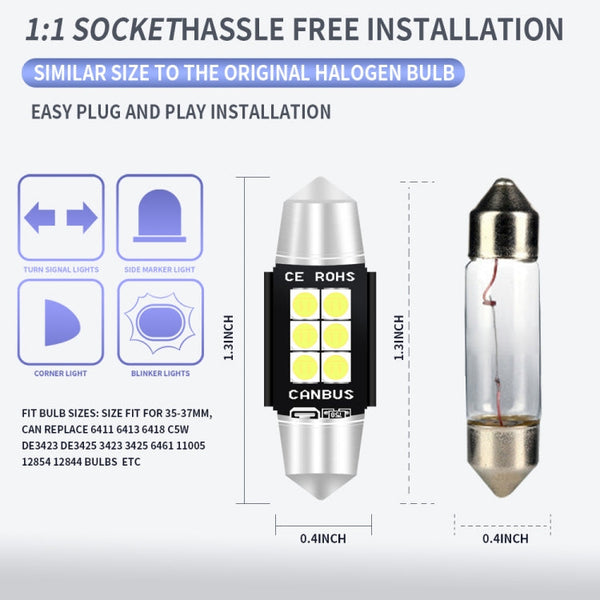 2 PCS 36mm DC12V-24V 3W 6000K 660LM 6LEDs SMD-3030 Car Reading Lamp / License Plate Light