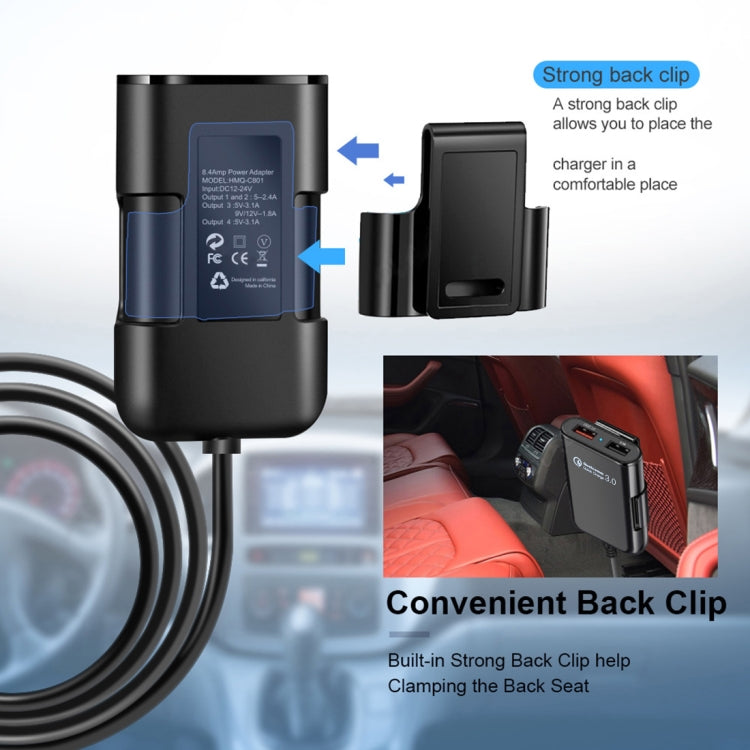 HMQ-C801 1.8m 8A Max 4 Ports USB Car Charger with Extending USB HUB for Front & Back Seat Charging