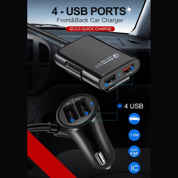 HMQ-C801 1.8m 8A Max 4 Ports USB Car Charger with Extending USB HUB for Front & Back Seat Charging