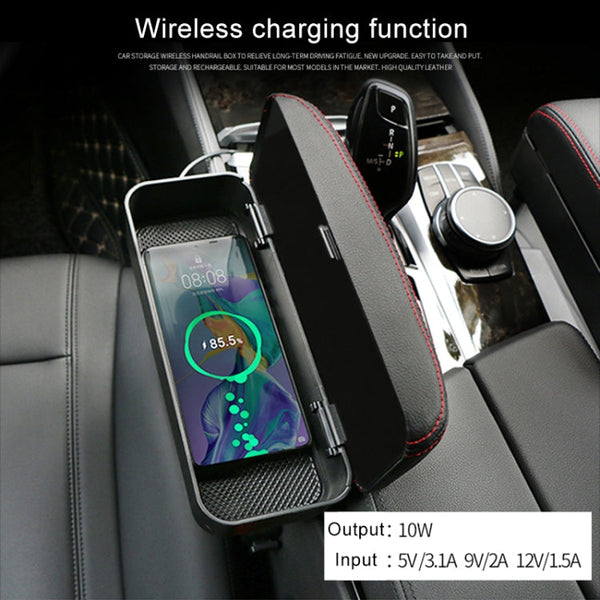 2 PCS Universal Car Wireless Qi Standard Charger PU Leather Wrapped Armrest Box Cushion Car Armrest Box Mat with Storage Box