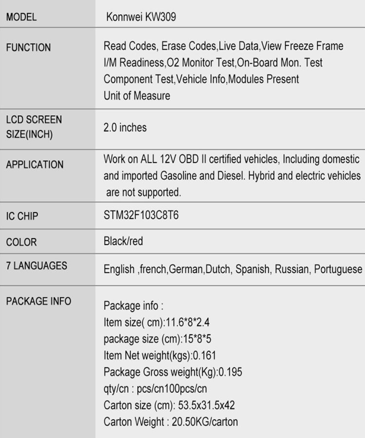 KONNWEI KW309 V309 V310 MS309 Code Reader OBD2 Scanner Diagnostic Tool, KW309