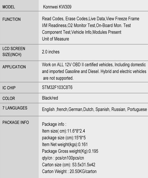 KONNWEI KW309 V309 V310 MS309 Code Reader OBD2 Scanner Diagnostic Tool, KW309