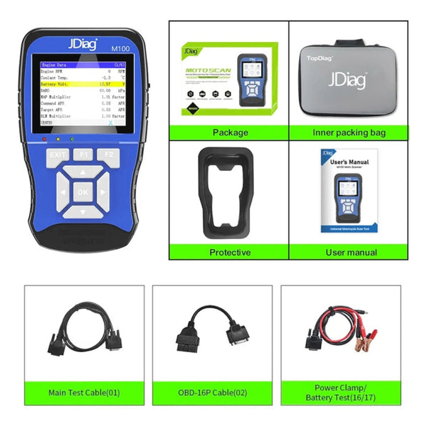 JDiag M100 Motorcycles 2 in1 OBD Scanner Battery Tester, Simplified Version