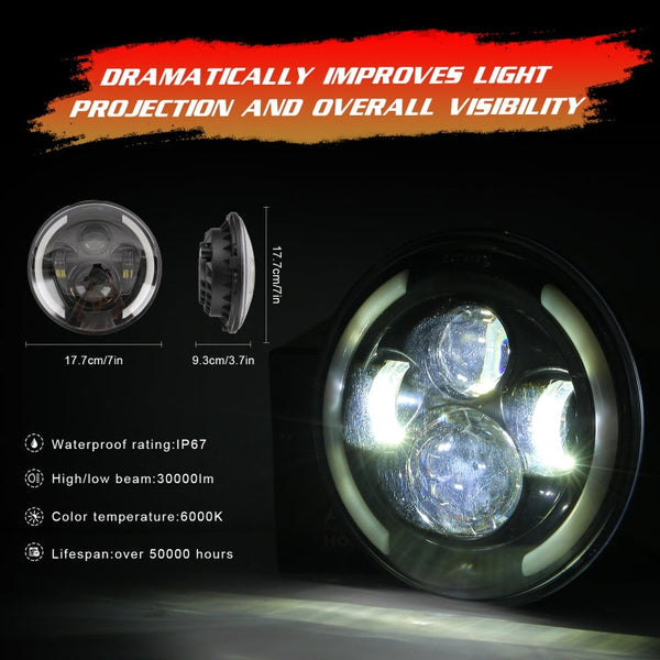 7 inch H4 / H13 DC 9V-30V 3000LM 3000K-6000K 25W Car Round Shape LED Headlight Lamps for Jeep Wrangler, with Angel Eye