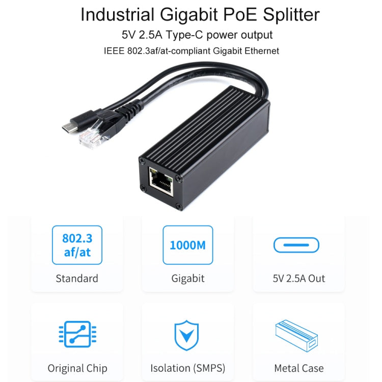 Waveshare Metal Case Gigabit PoE Splitter, 5V 2.5A Type-C Out