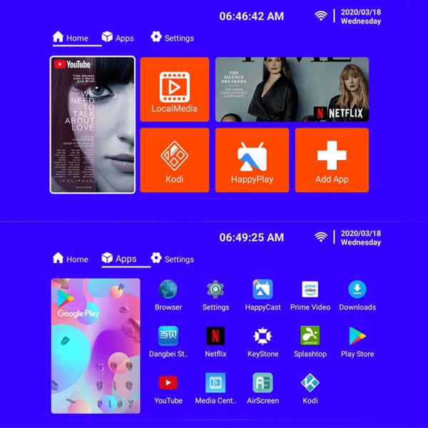 T6 2000ANSI Lumens Mini Theater Projector, Android 7.1 RK3128 Quad Core, 1GB+8GB, UK Plug, Android Version UK Plug