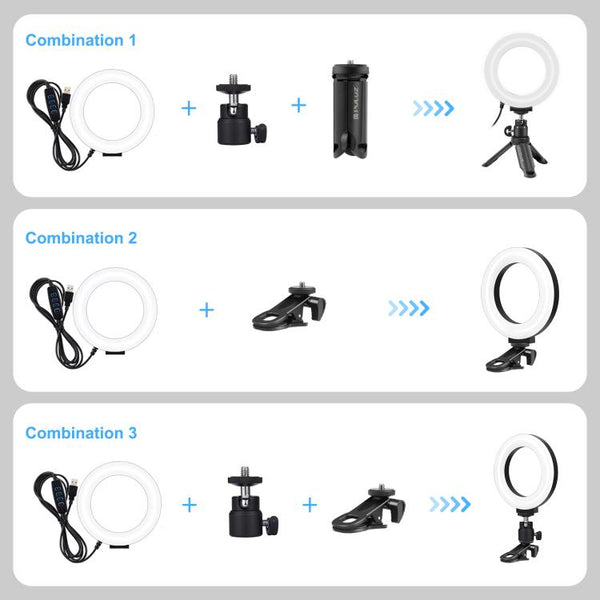PULUZ 4.7 inch 12cm Ring Selfie Light 3 Modes USB Dimmable Dual Color Temperature LED Curved Vlogging Photography Video Lights with Monitor Clip Holder