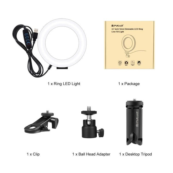 PULUZ 4.7 inch 12cm Ring Selfie Light 3 Modes USB Dimmable Dual Color Temperature LED Curved Vlogging Photography Video Lights with Monitor Clip Holder