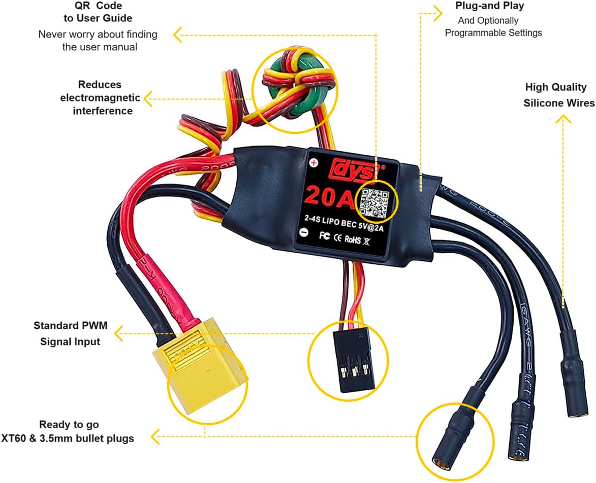 DYS 20A 2-4S Brushless ESC With 5V/2A BEC For RC fixed-wing Aircraft