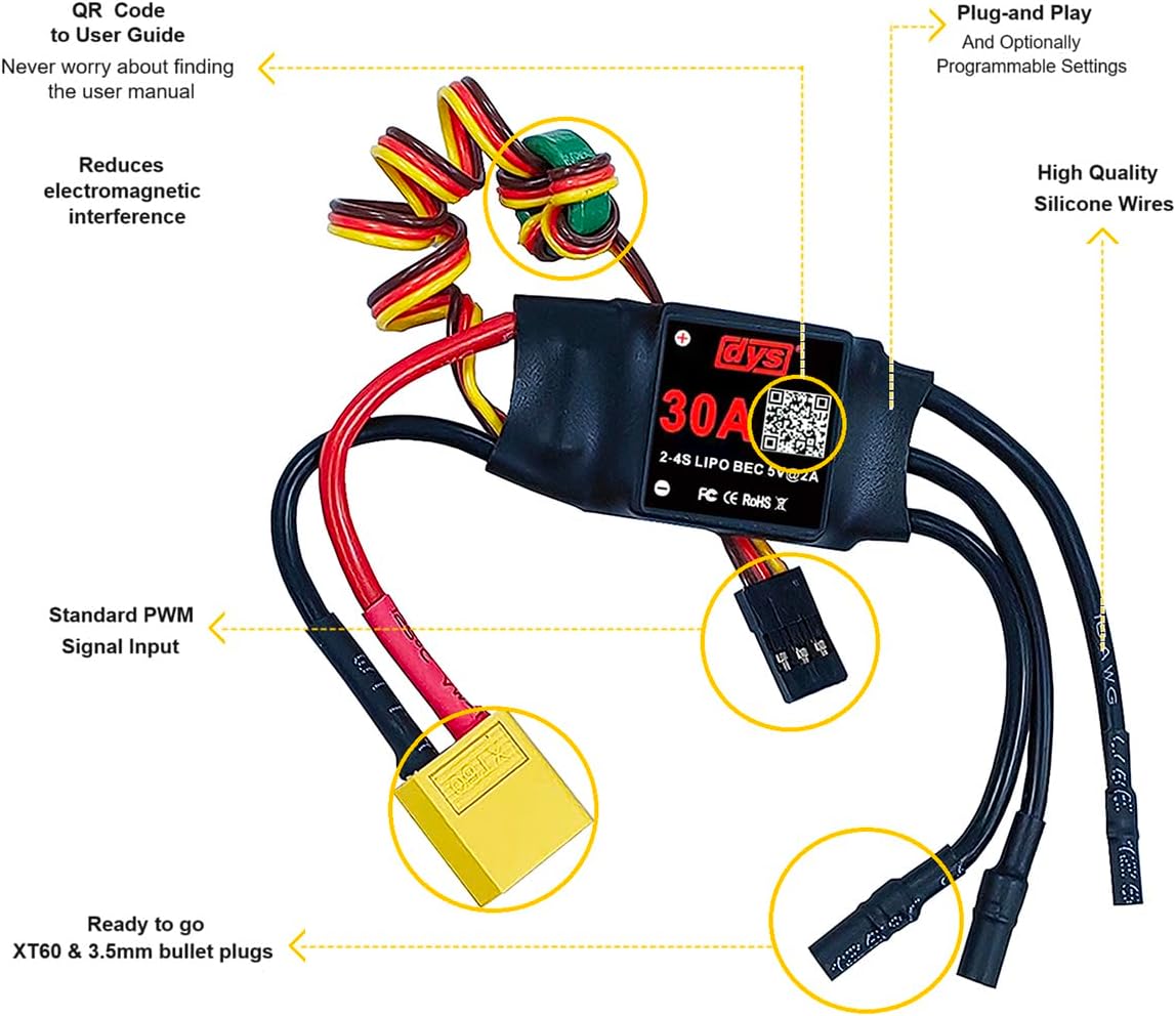 DYS 30A 2-6S Brushless ESC With 5V/2A BEC For RC fixed-wing Aircraft