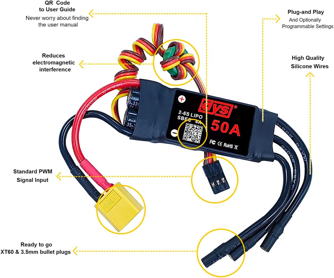 DYS 50A 2-6S Brushless ESC With 5V/4A BEC For RC fixed-wing Aircraft
