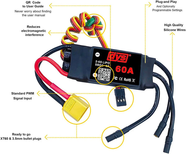 DYS 60A 2-6S Brushless ESC With 5V/6A BEC For RC fixed-wing Aircraft