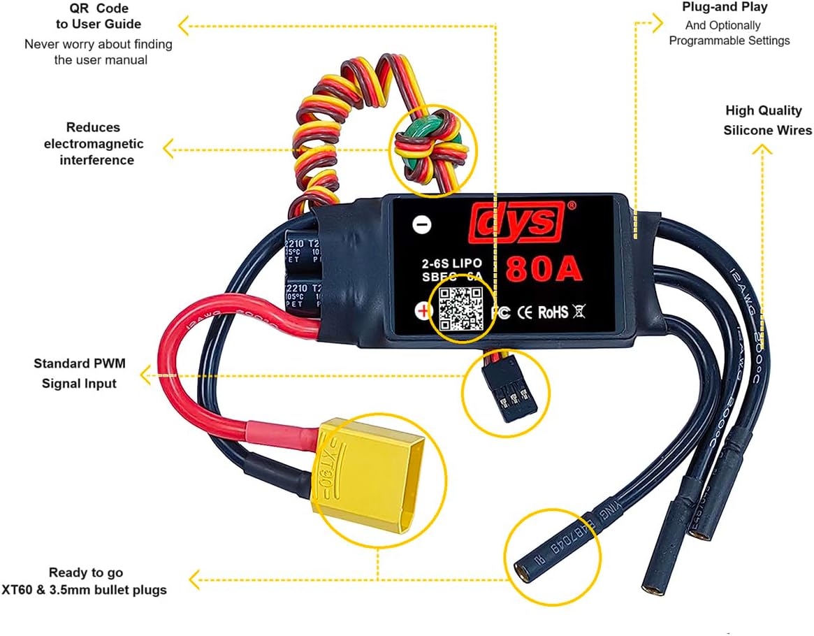 DYS 80A 2-6S Brushless ESC With 5V/6A BEC For RC fixed-wing Aircraft
