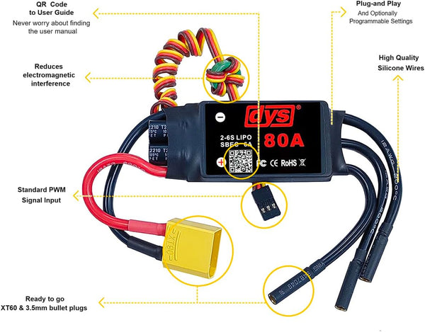 DYS 80A 2-6S Brushless ESC With 5V/6A BEC For RC fixed-wing Aircraft