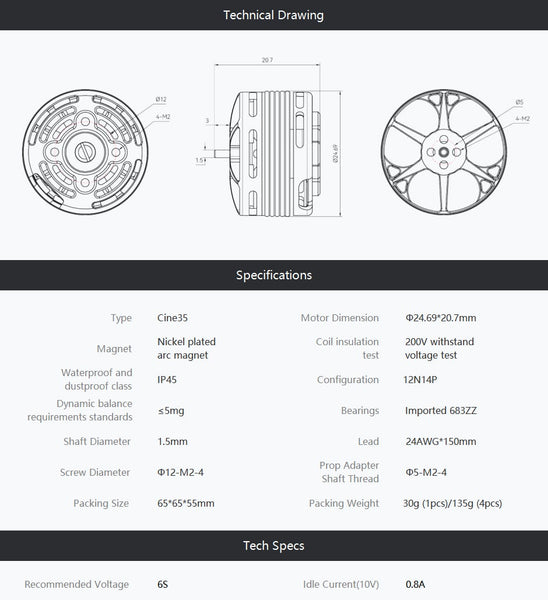 T-Motor Cine35 Combo 6S 3.5" FPV Motors (4pc)