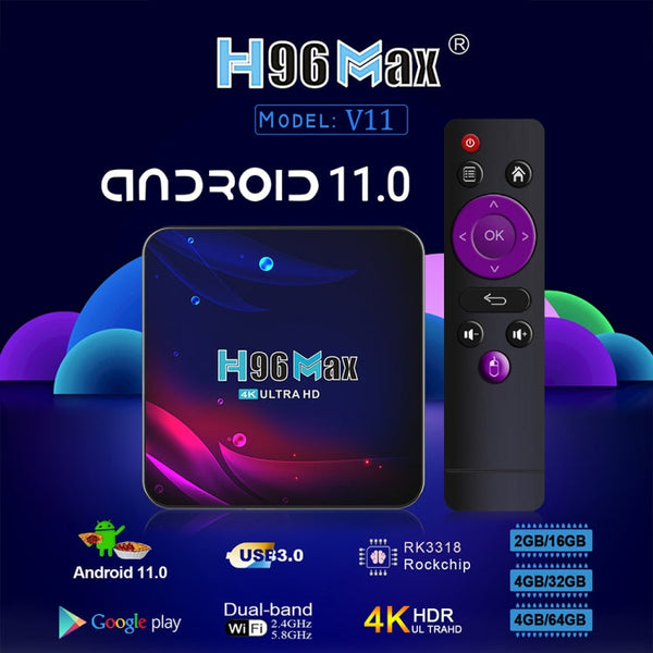 H96 Max V11 4K Smart TV BOX Android 11.0 Media Player with Remote Control, RK3318 Quad-Core 64bit Cortex-A53, RAM: 4GB, ROM: 32GB, Support Dual Band WiFi, Bluetooth, Ethernet, EU Plug