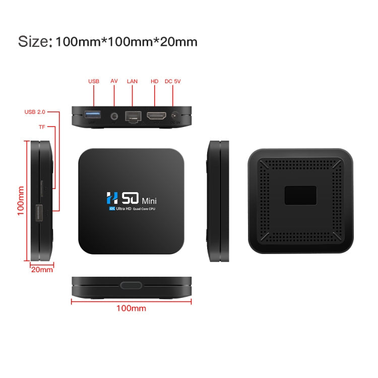 H50 Mini 4K Smart Network TV Box, Android 10.0, RK3318 Quad Core, 2GB+16GB, EU Plug, 2GB+16GB