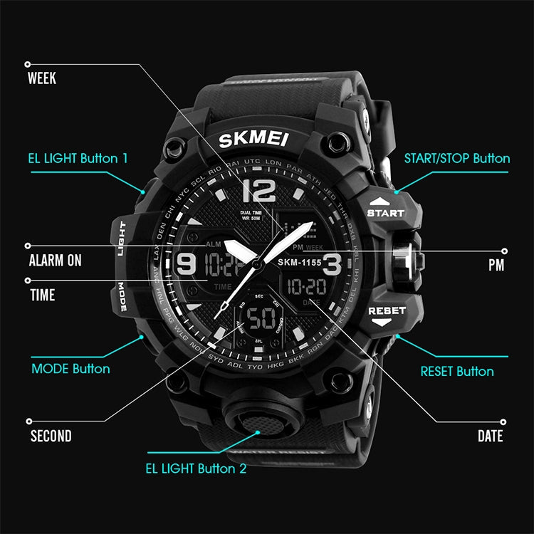 SKMEI 1155B Multifunctional Men Outdoor Sports Noctilucent Waterproof Large Dial Wrist Watch