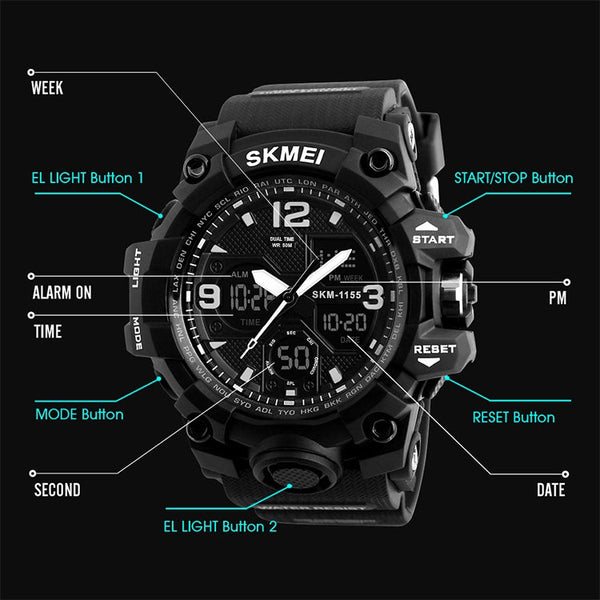 SKMEI 1155B Multifunctional Men Outdoor Sports Noctilucent Waterproof Large Dial Wrist Watch