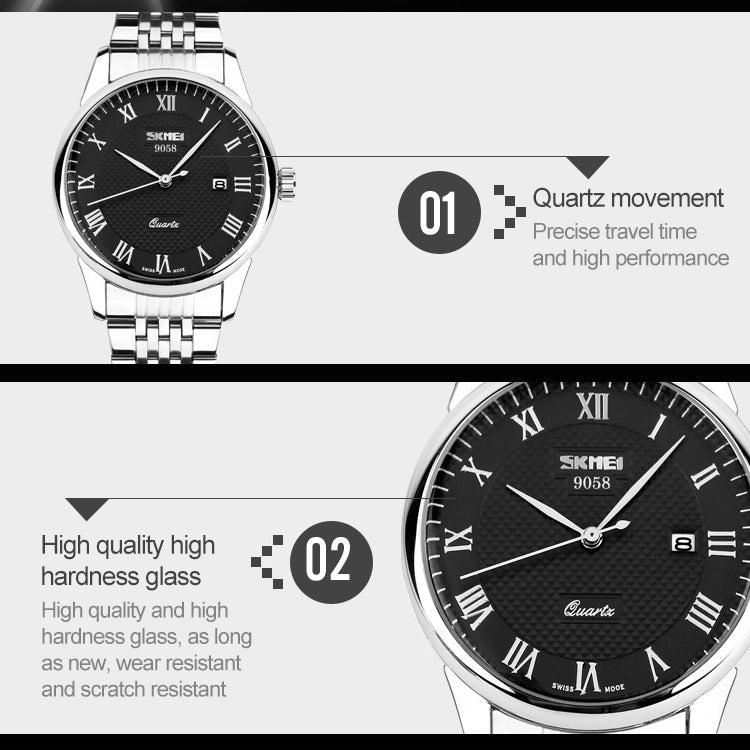 SKMEI 9058 Multifunctional Outdoor Fashion Waterproof Steel Strip Quartz Wrist Watch