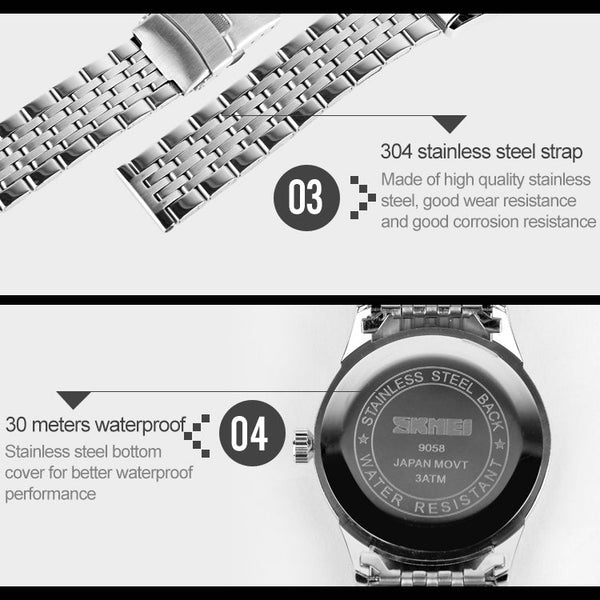SKMEI 9058 Multifunctional Outdoor Fashion Waterproof Steel Strip Quartz Wrist Watch