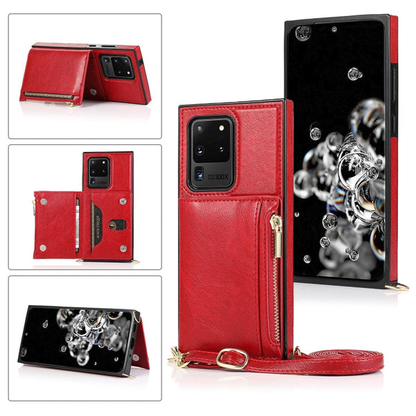 Square Zipper Wallet Bag TPU+PU Back Cover Case with Holder & Card Slots & Wallet & Cross-body Strap