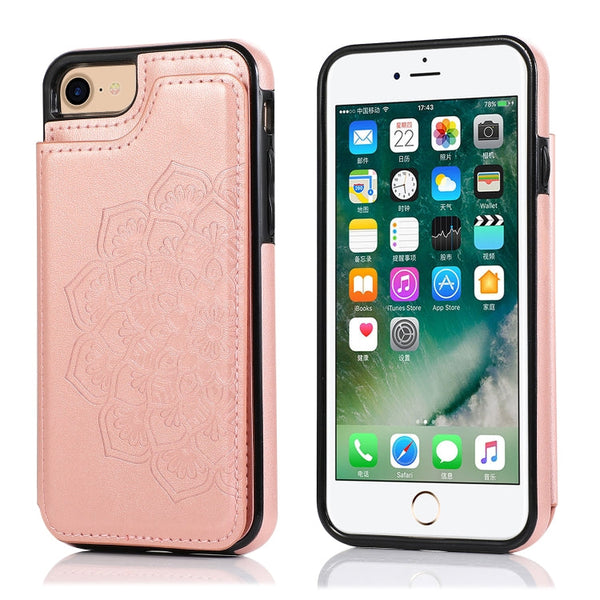 Double Buckle Mandala Pattern PU+TPU Protective Case with Card Slots & Holder & Photo Frame, For iPhone SE 2022 / SE 2020 / 8 / 7, For iPhone 7 Plus / 8 Plus, For iPhone X / XS, For iPhone XR